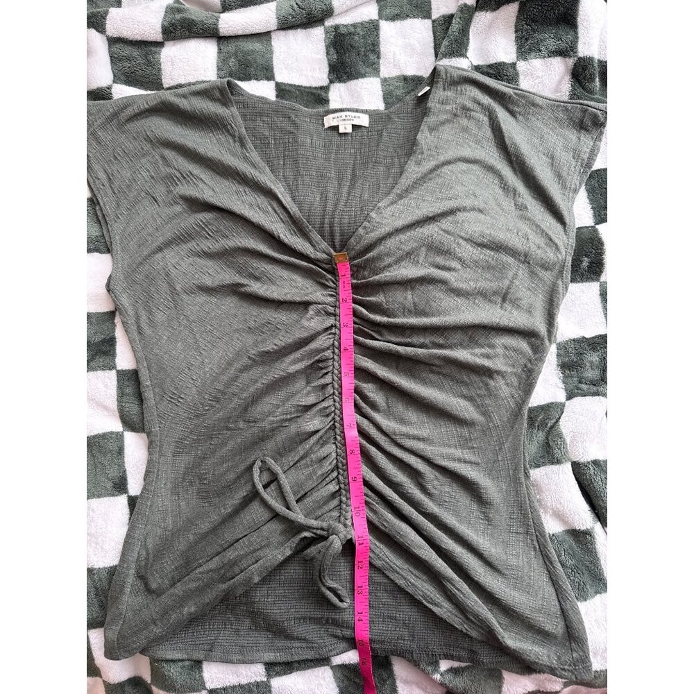 Max Studio Womens Ruched V-Neck Top green Textured Short Sleeve Adjustable Tie W - Picture 3 of 9